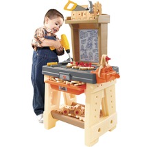 Speelgoedwerkbank met accessoires en kind