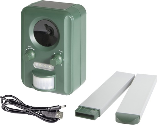 Dierverjager met zonnepaneel, USB kabel en twee batterijen