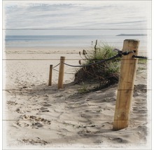 Houten wanddecoratie met strandmotief, palen en touw