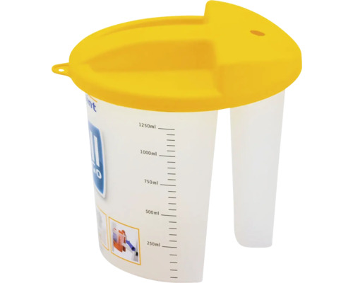 Verfmengbeker met gele deksel en meetschaal tot 1250 ml