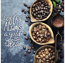 Koffiebonen in houten schalen met de tekst ''Koffie is altijd een goed idee''