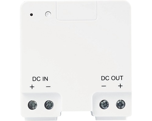 Wit elektronisch onderdeel met DC-ingang en DC-uitgang