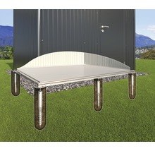 Illustratie van een tuinhuis met schroeffundering op een gazon