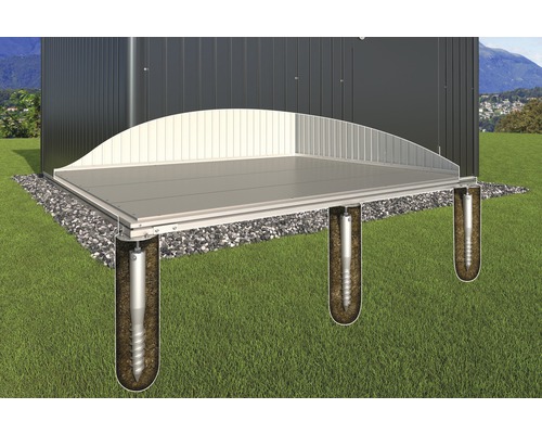 Illustratie van een tuinhuis op een fundering met schroeffunderingen