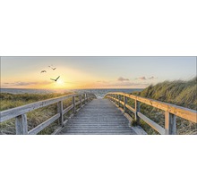 Houten steiger leidt naar strand met duinen en zonsondergang