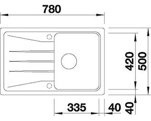 Technische tekening van een spoelbak met afmetingen.