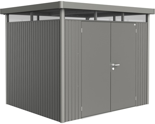 BIOHORT Berging HighLine H3 dubbele deur kwartsgrijs-metallic 275x235 cm Metalen tuinhuis met dubbele deur voor tuingereedschap en gereedschap