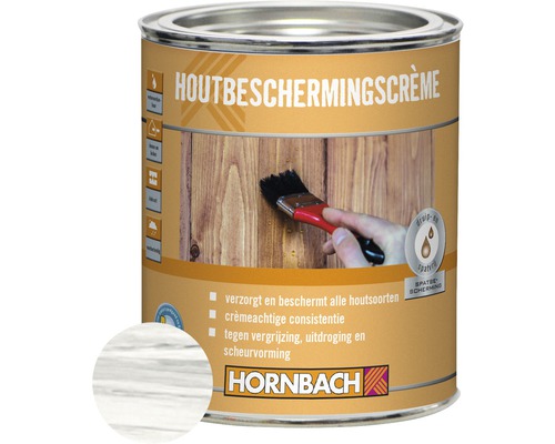 HORNBACH Houtbeschermingscrème wit 750 ml Blik houtbeschermingscrème met kleurvoorbeeld en Hornbach logo