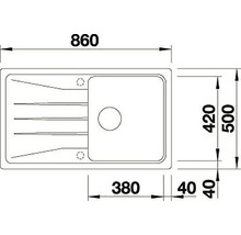 Technische tekening van een gootsteen met afmetingen