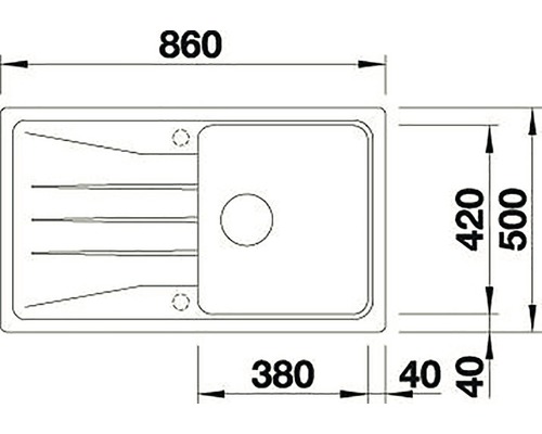 Technische tekening van een gootsteen met afmetingen