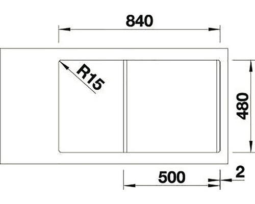 Technische tekening van een spoelbak met de afmetingen 840, 480 en 500 millimeter