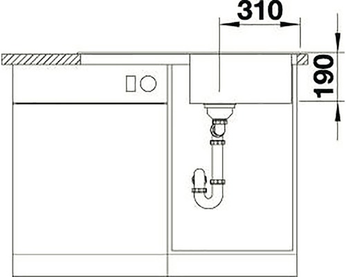 Technische tekening van een gootsteen met afmetingen