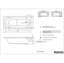 Technische tekening van een ligbad Miami 180x80 met afmetingen