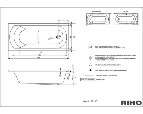 Technische tekening van een ligbad Miami 180x80 met afmetingen