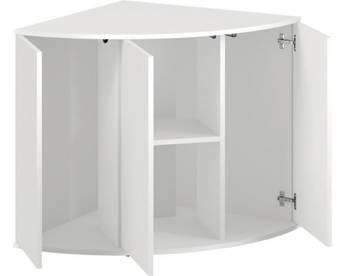 Witte hoekkast met open deuren en planken