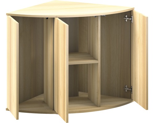 Hoekkast met open deuren en interne planken