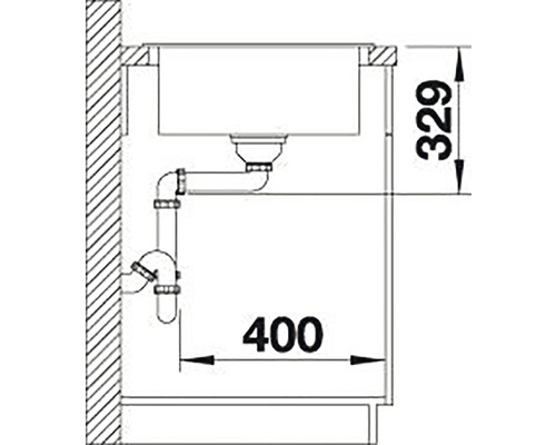 Technische tekening van een gootsteen met afmetingen 329 en 400