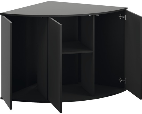 Zwarte hoekkast met geopende deuren en legplank
