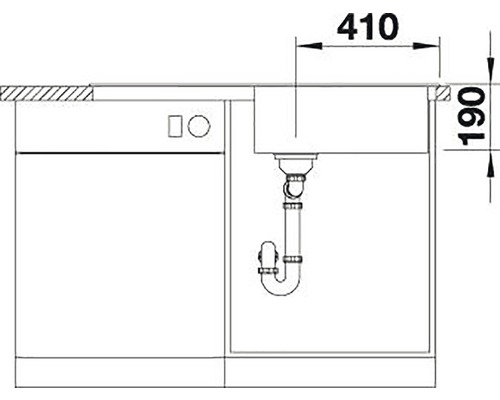 Technische tekening van een spoelbak met afmetingen van 410 bij 190 millimeter.