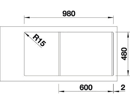 Technische tekening van een wastafel met de afmetingen 980 x 480 mm