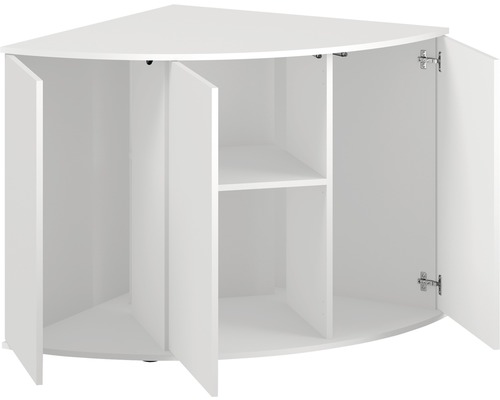 Witte hoekkast met open deuren en plank