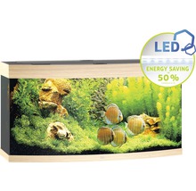 Ingericht aquarium met vissen, planten en stenen. Led symbool voor een energiebesparing van 50 procent in vergelijking met T5.
