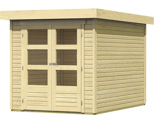 Houten tuinhuis met dubbele deur en raamkozijnen