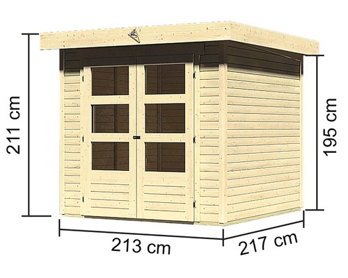 Afbeelding van een houten tuinhuis met de afmetingen 211 cm hoog, 213 cm breed en 217 cm diep.
