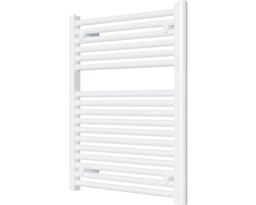 Witte handdoekradiator met horizontale verwarmingsbuizen.