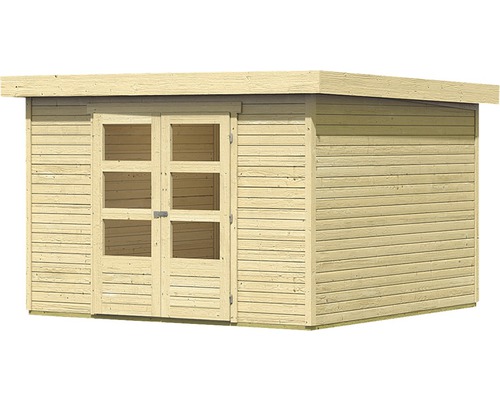 Houten tuinhuis met dubbele deur en ramen