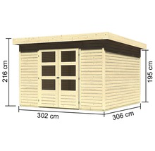 Houten tuinhuis met afmetingen 302 cm x 306 cm en een hoogte van 216 cm