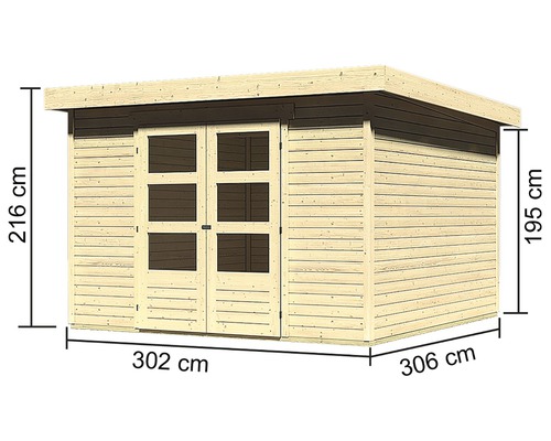 Houten tuinhuis met afmetingen 302 cm x 306 cm en een hoogte van 216 cm