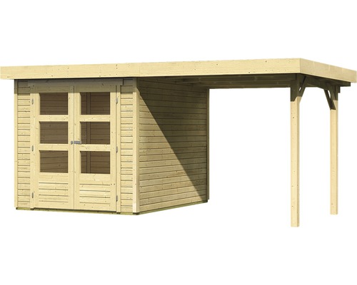 Houten tuinhuis met dubbele deur en afdak