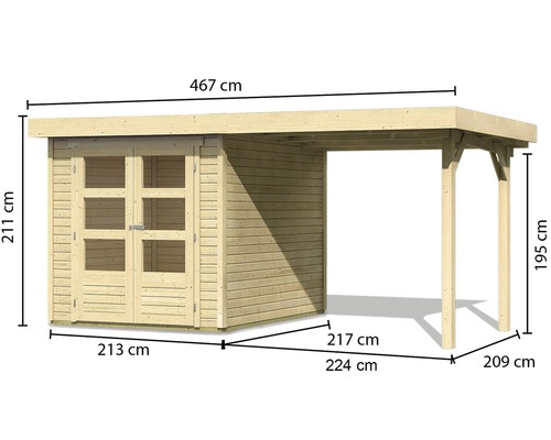 Afmetingen van een houten tuinhuis met aanbouw