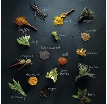 Arrangement van diverse kruiden en specerijen, waaronder saffraan, kerrie, oregano, koriander en kaneel.