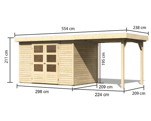 Afmetingen van een houten tuinhuis met carport