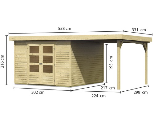 Houten tuinhuis met carport en maataanduidingen
