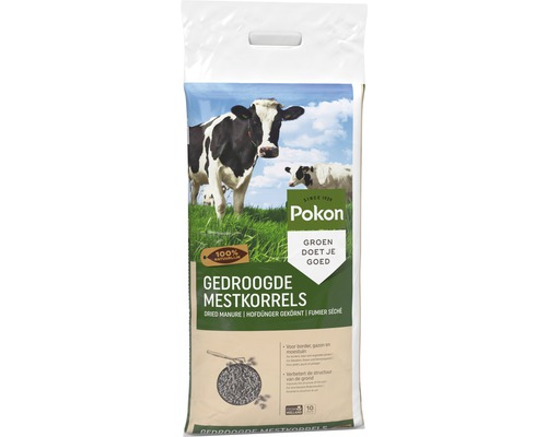 Pokon gedroogde mestkorrels in zak met afbeelding van een koe