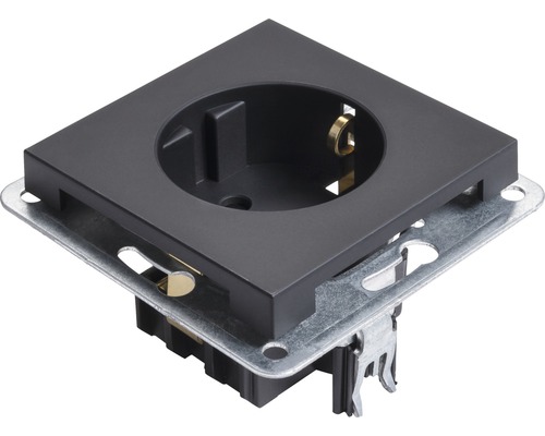 Stopcontact met vierkante, zwarte afdekking en metalen rand