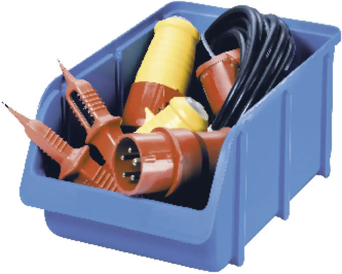 Blauwe opbergdoos gevuld met elektrische connectoren en een kabel