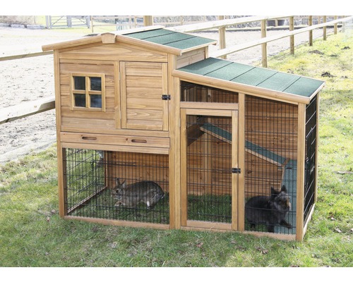 Houten konijnenhok met twee konijnen in de buitenren