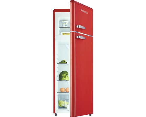 Rode Wolkenstein retro koelkast met open deur, gevuld met eten