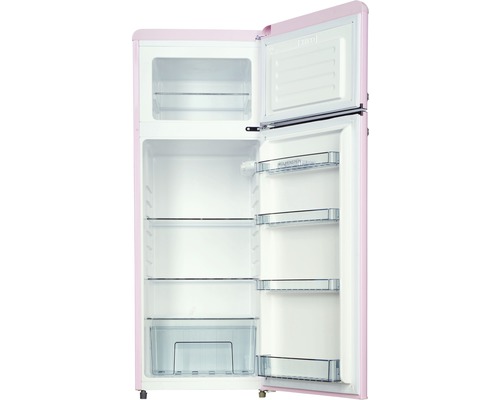 Geopende, roze koelkast met vriesvak en meerdere opbergvakken.