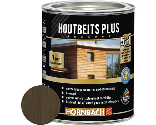 HORNBACH Hybride houtbeits noten 750 ml Houtbeits Plus in metalen emmer met productinformatie en kleurvoorbeeld
