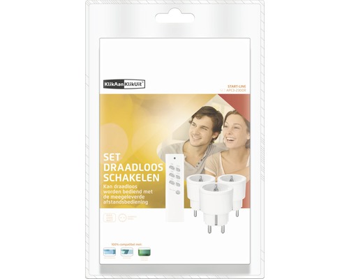 KlinkAan KlikUit set met draadloze schakelaars en afstandsbediening in verpakking