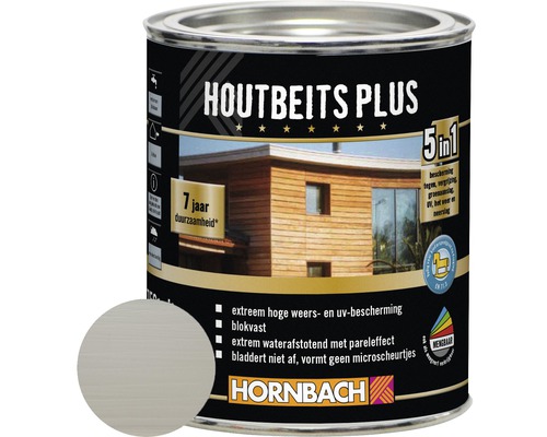 HORNBACH Hybride houtbeits zilvergrijs 750 ml Houtbeits Plus blik met kleurvoorbeeld en informatie over eigenschappen en gebruik
