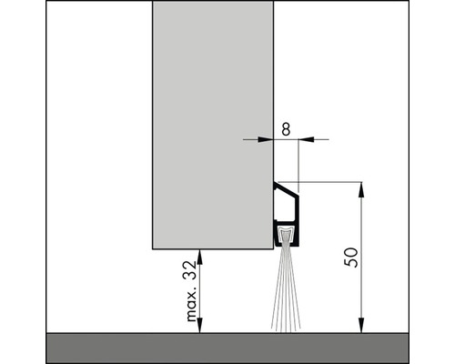 Technische tekening van een deurafdichting met afmetingen.