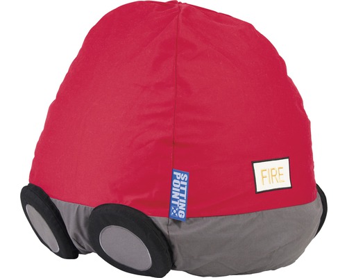 Rode zitzak in de vorm van een brandweerauto met Sitting Point-logo