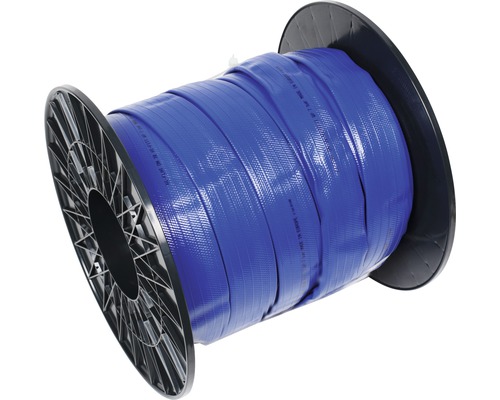 Waterslang industrieel plat 1 1/2" 50 m Blauwe persslang op een zwarte spoel