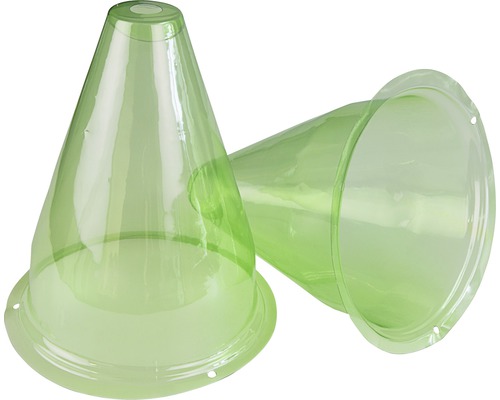 Twee transparante, conische plantkappen van kunststof